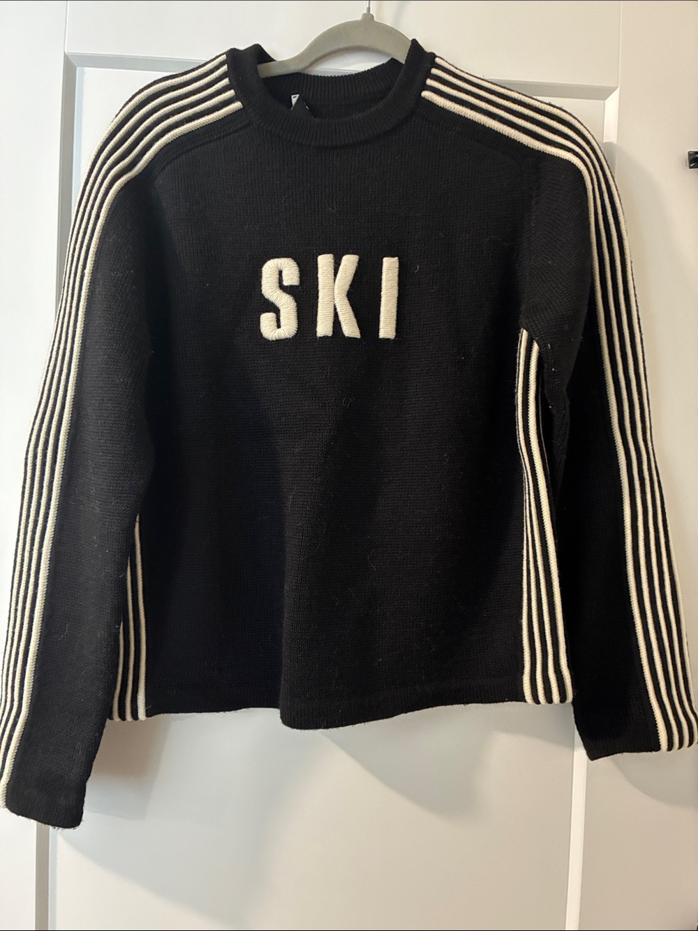 Tory Burch Black Crewneck Sweater with Cream 'SKI' Embroidery